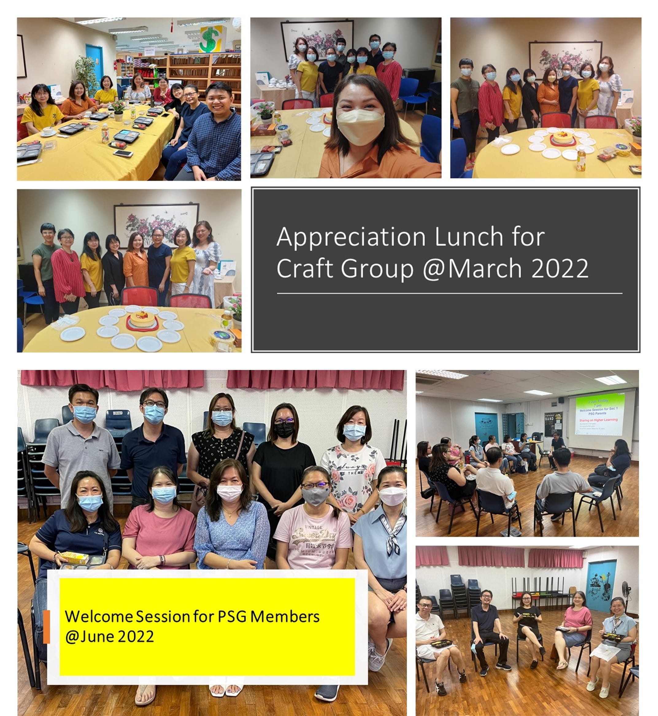 Collage of group photos from an Appreciation Lunch for Craft Group in March 2022 and a PSG Welcome Session in June 2022.